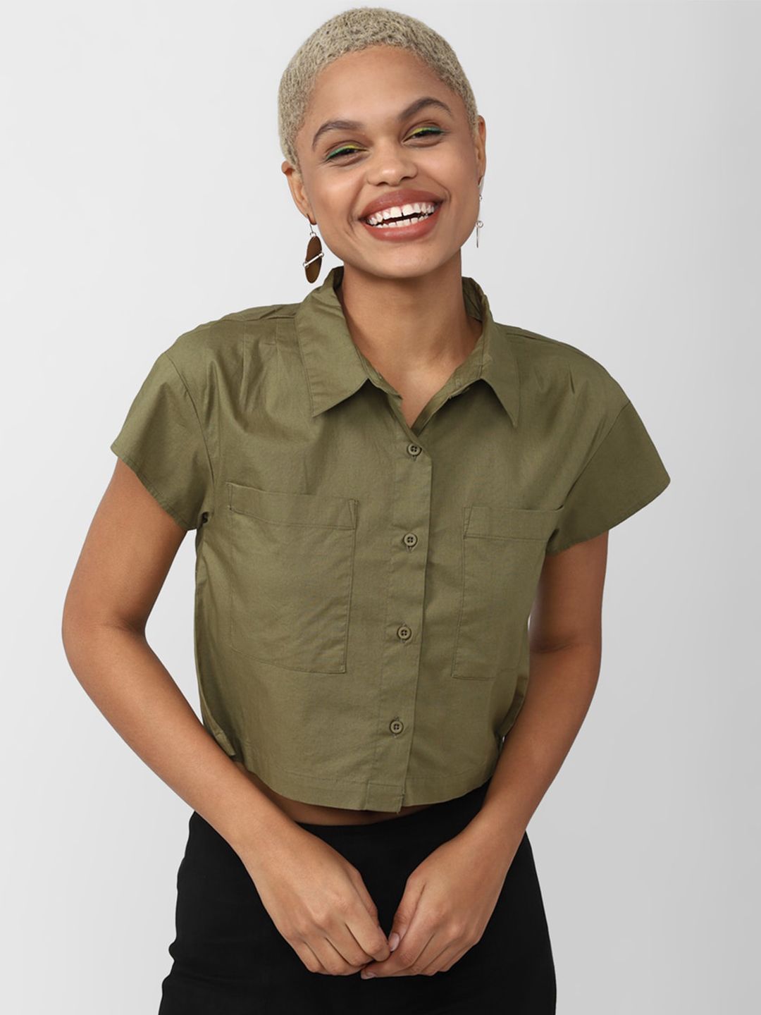 FOREVER 21 Olive Green Shirt Style Top Price in India