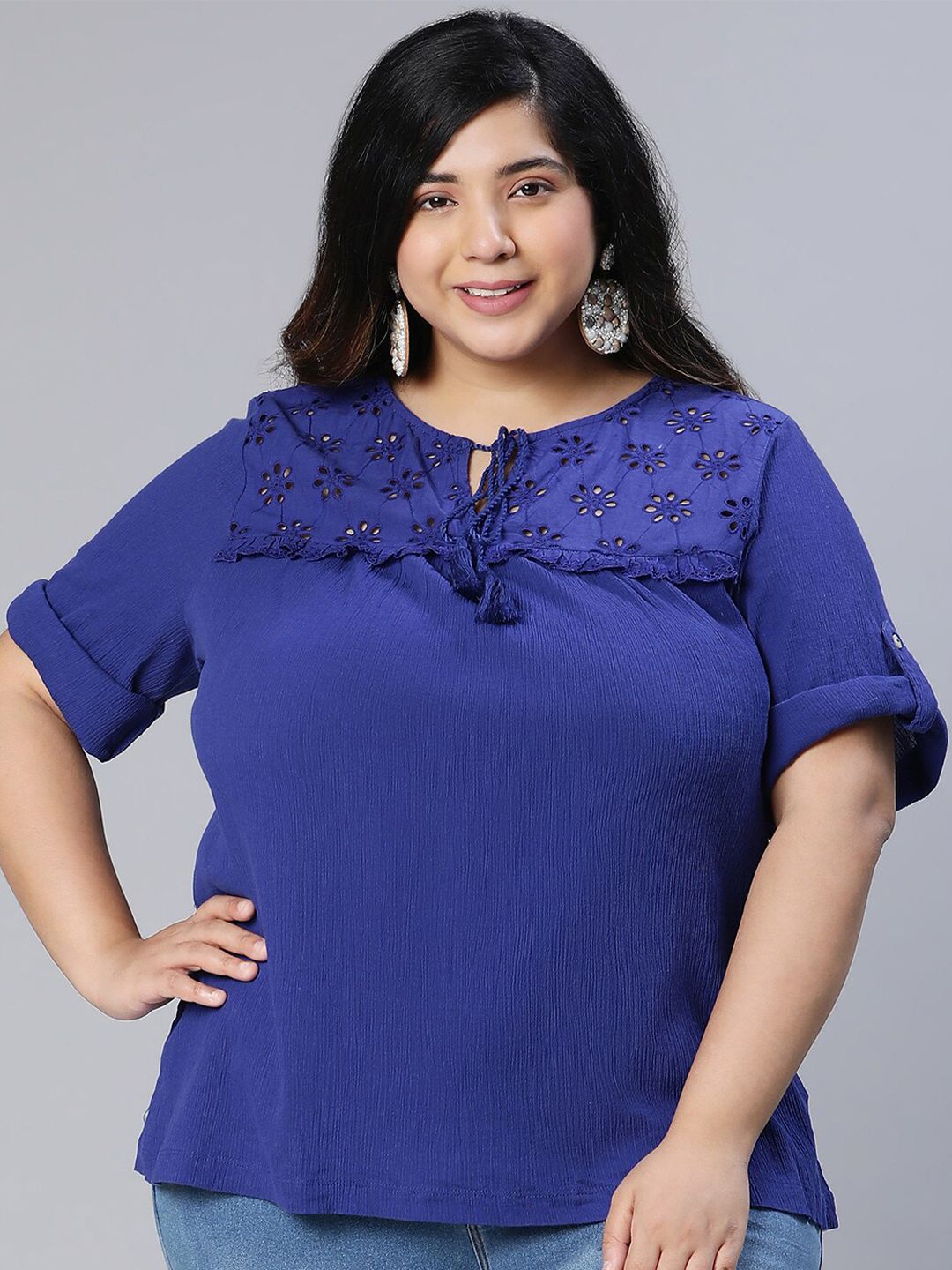 Oxolloxo Plus Size Tie-Up Neck Roll-Up Sleeves Top Price in India