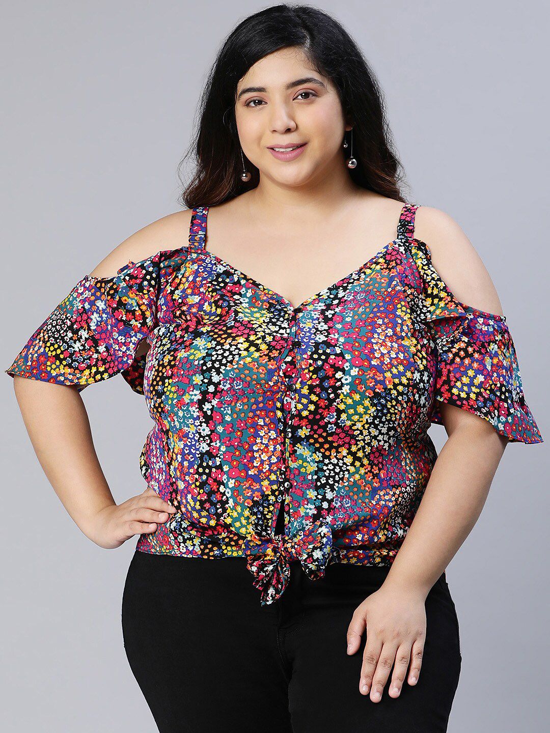 Oxolloxo Plus Size Floral Printed Cold Shoulder Sleeve Blouson Top Price in India