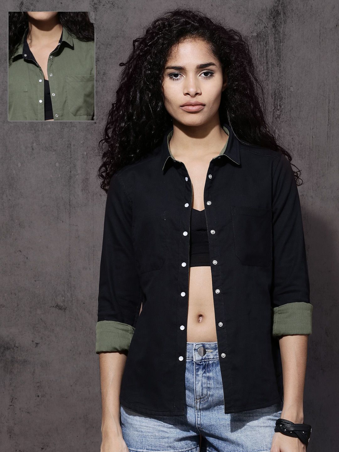 Roadster Women Black & Olive Green Regular Fit Reversible Solid Casual Shirt