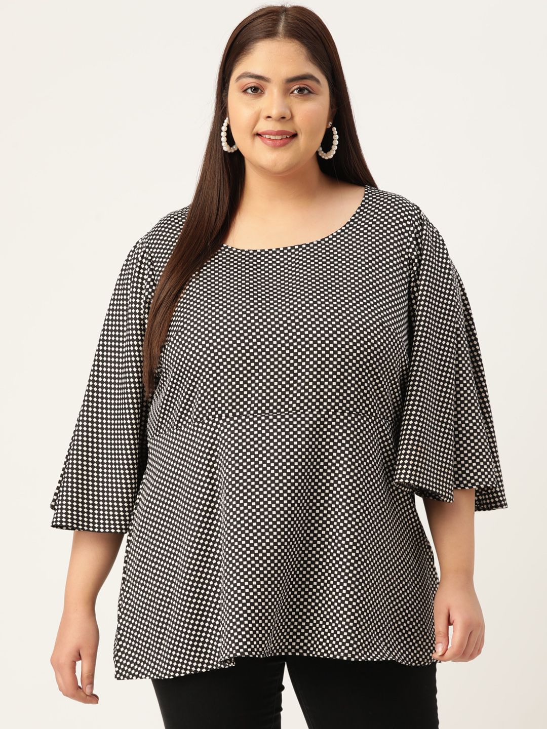 theRebelinme Plus Size Women Checked Crepe Longline Flared Sleeves Top Price in India