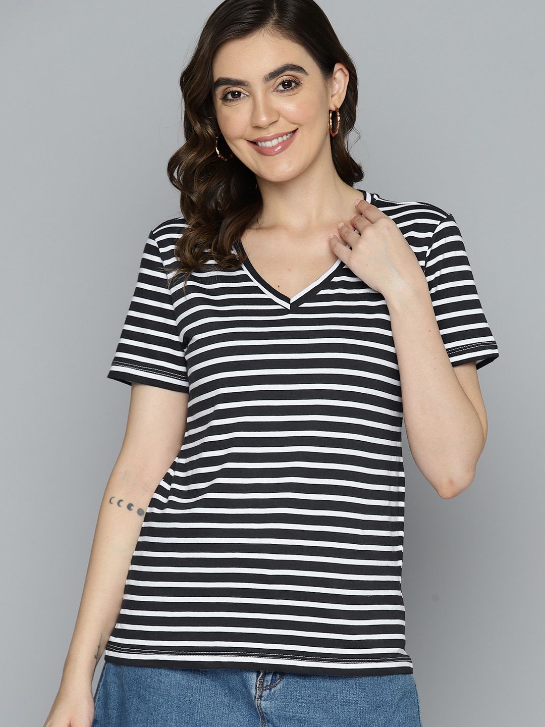 Mast & Harbour Women Striped V-Neck Pure Cotton T-shirt Price in India
