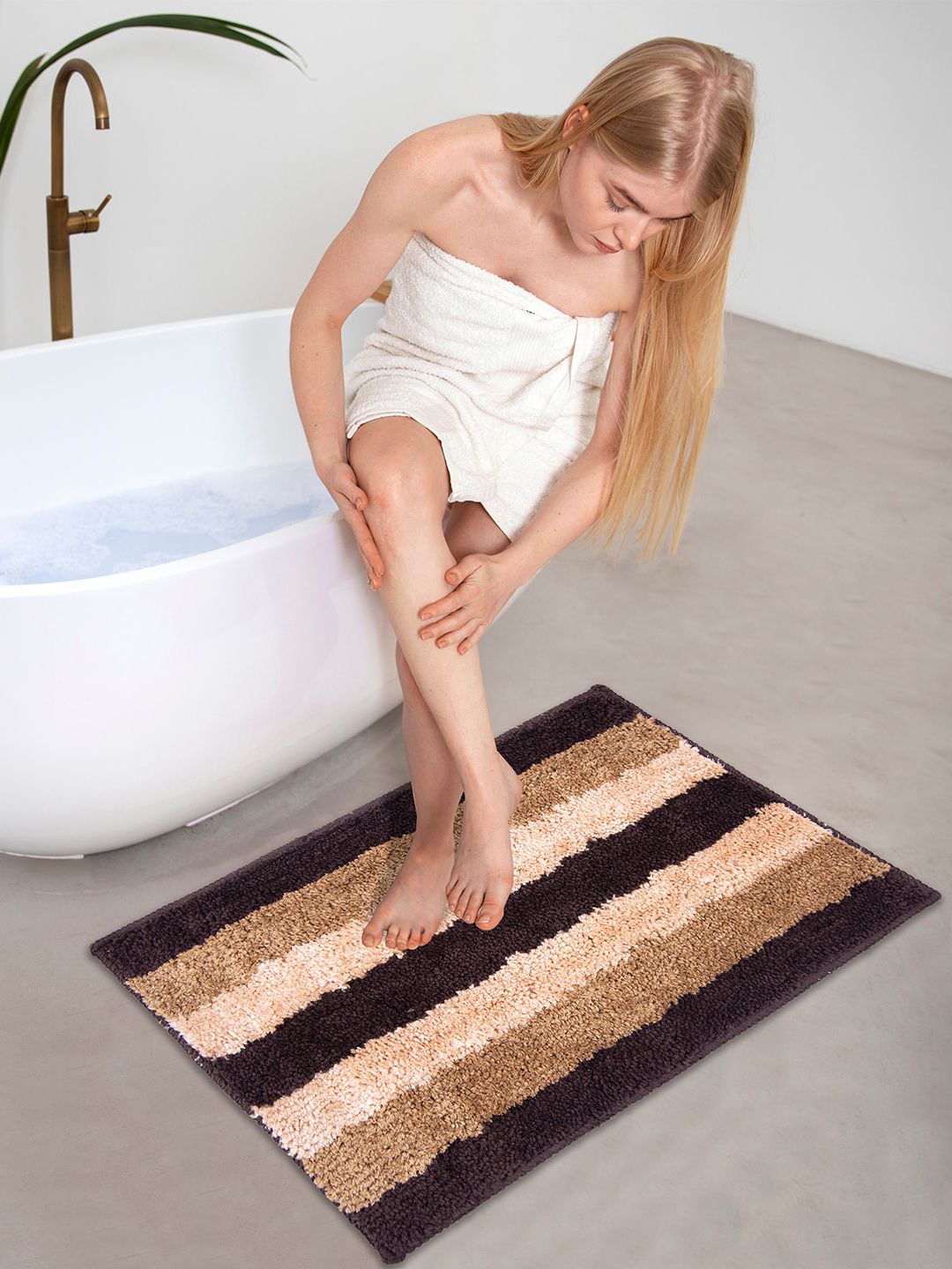 AAZEEM Brown & Beige Set Of 2 Super Soft Microfiber 180 GSM Anti-Skid Bath Rugs