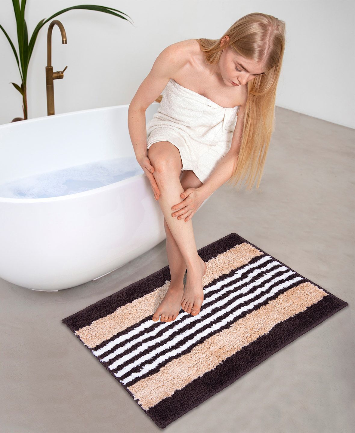 AAZEEM Beige & Brown Set Of 2 Super Soft Microfiber 180 GSM Anti-Skid Bath Rugs