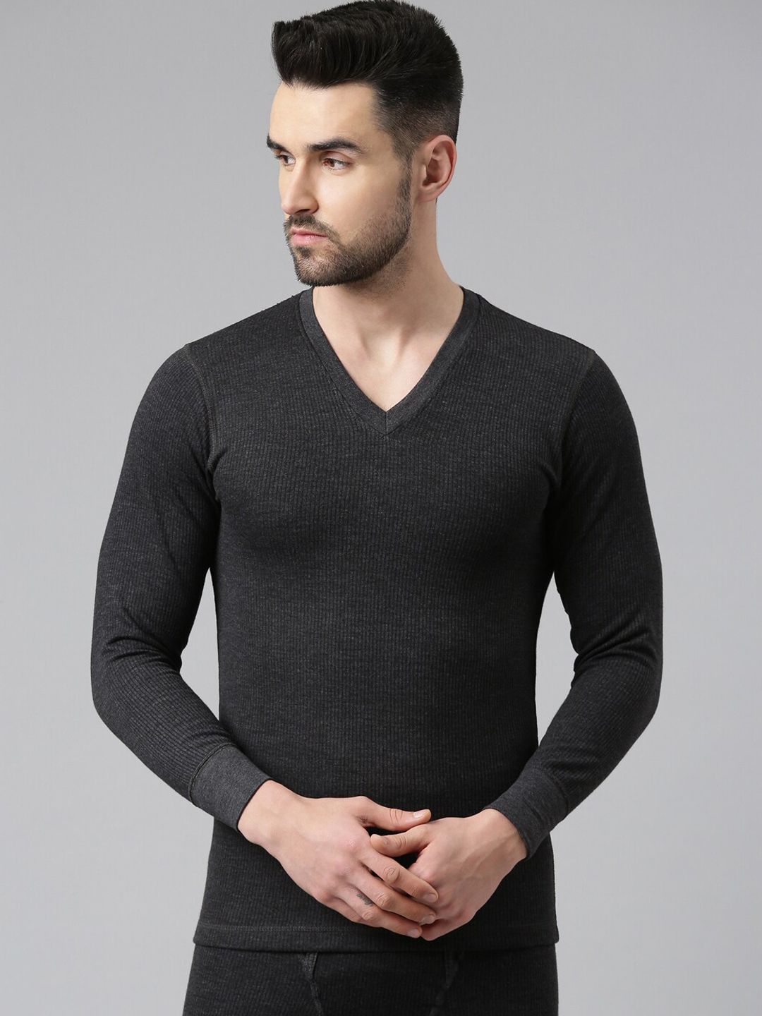 DIXCY SCOTT Men Self-Striped Ribbed Thermal Tops Price in India