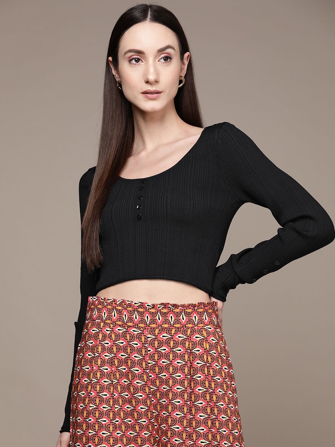 Label Ritu Kumar Ribbed Button Detail Fitted Crop Top Price in India