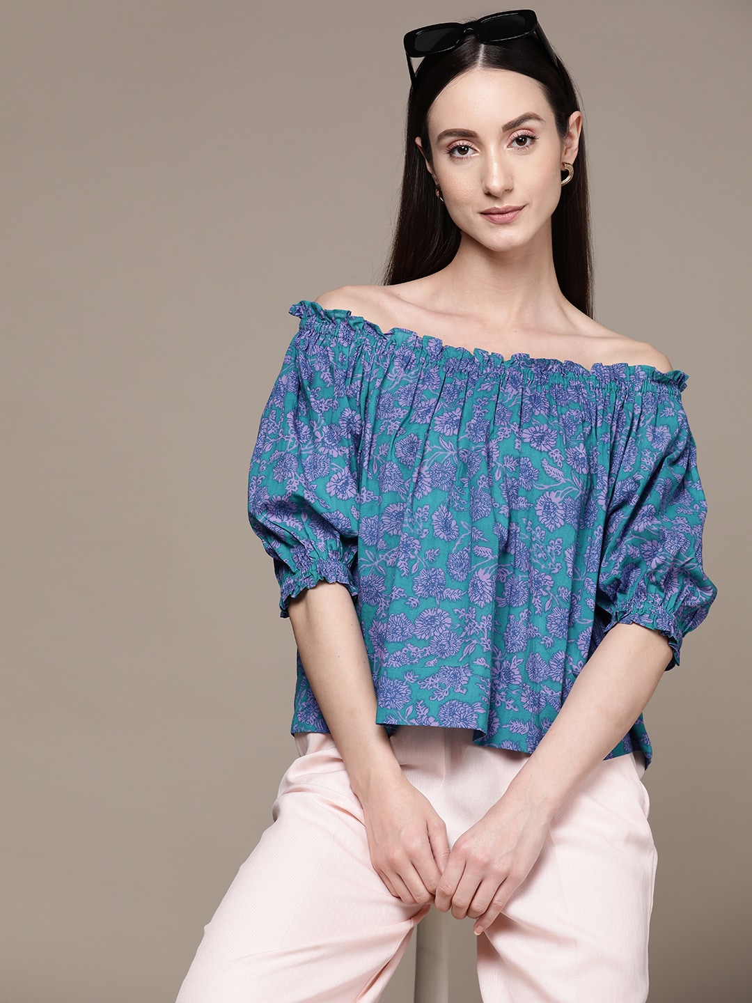Label Ritu Kumar Floral Print Puff Sleeves Off-Shoulder Cotton Top Price in India