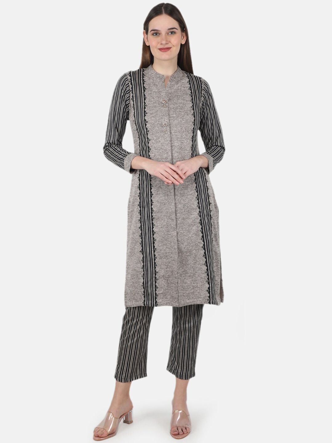 Monte Carlo Women Grey Striped Kurti with Pyjamas Price in India