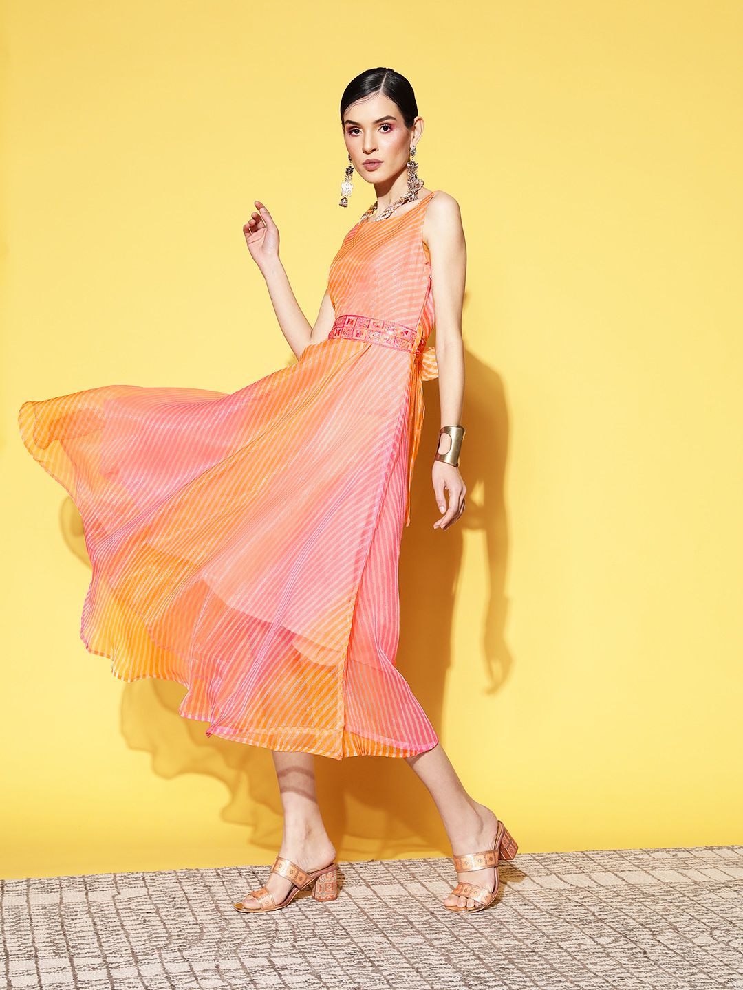 Yufta Pink & Orange Striped Organza Midi Dress Price in India