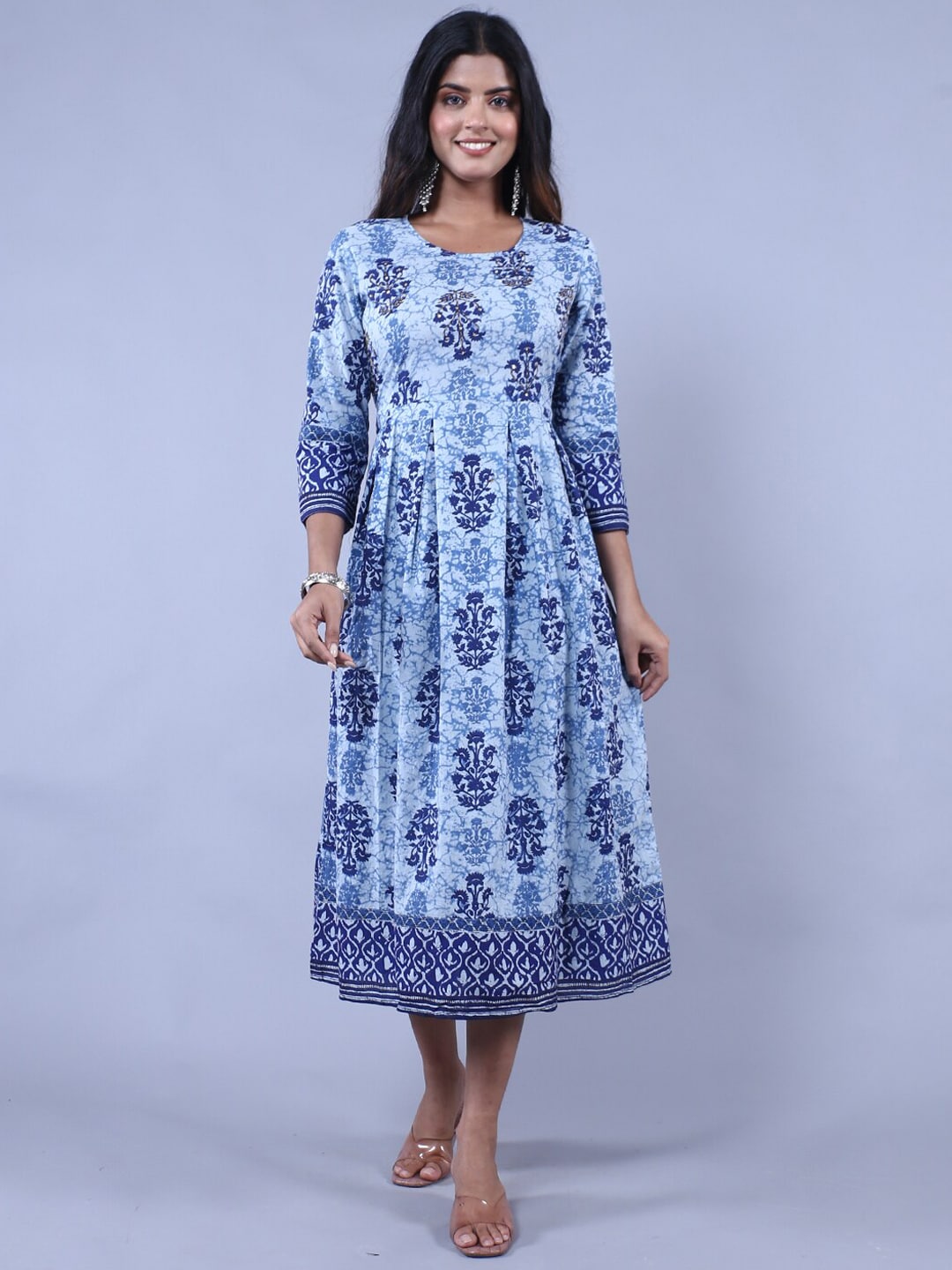 HERE&NOW Women Printed Midi Cotton Ethnic Dresses Price in India