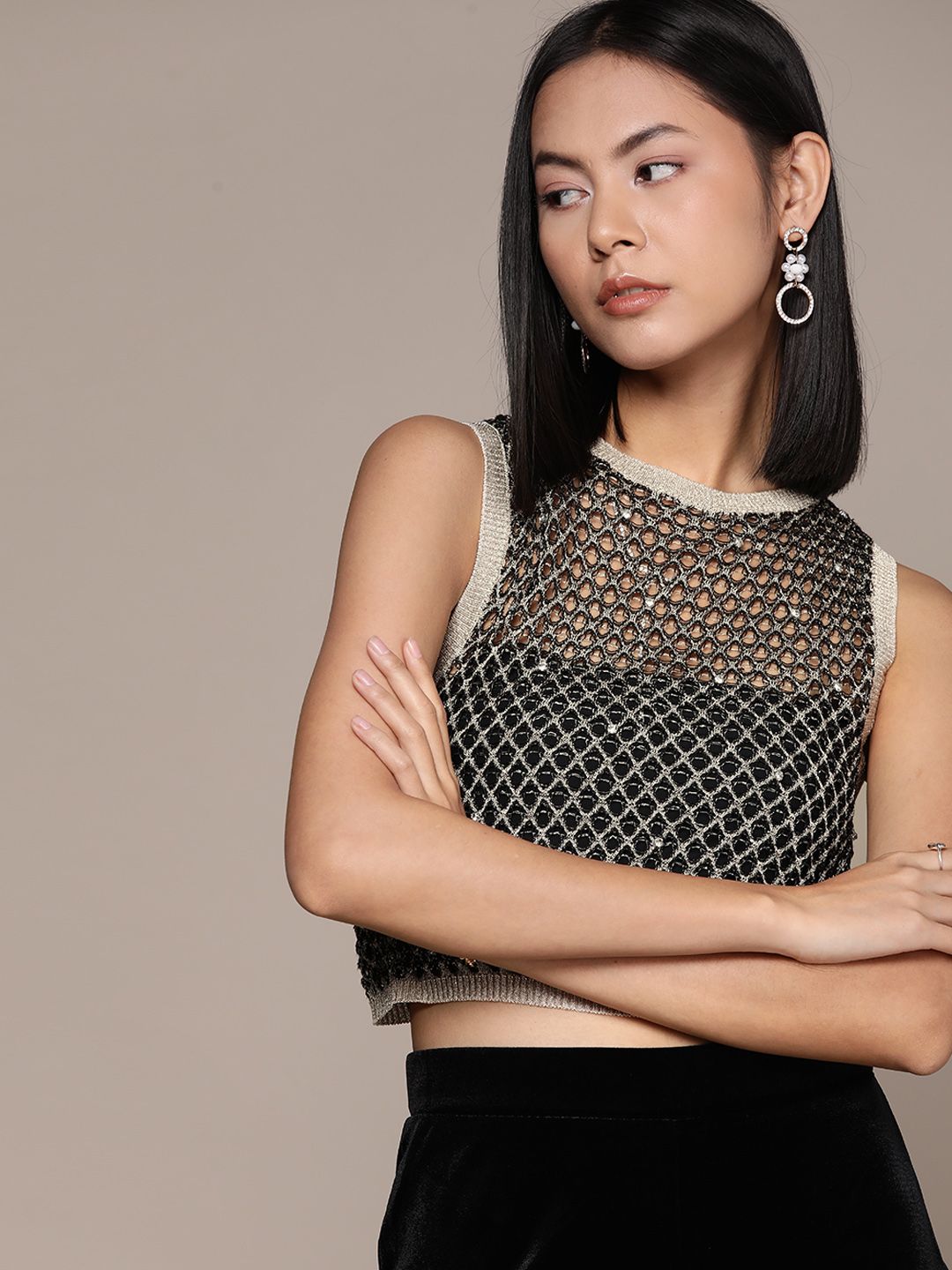 MANGO Open Knit Stone Studded Sheer Crop Top Price in India