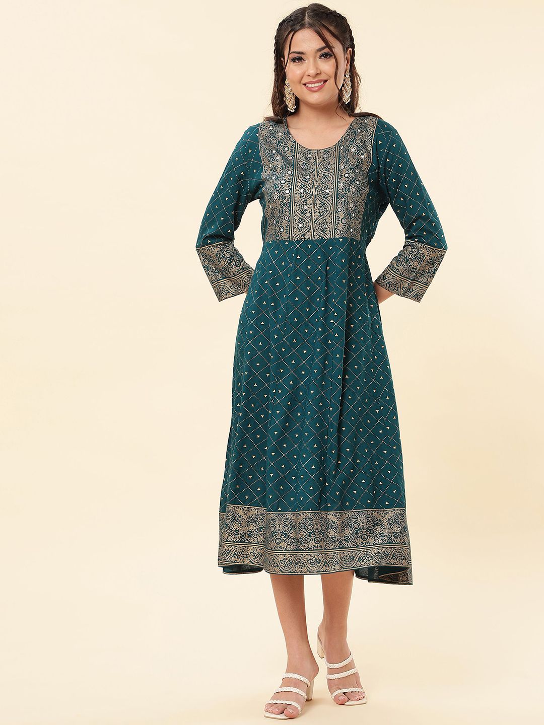 NAYRAH Ethnic Motifs Foil Print Midi Dress Price in India