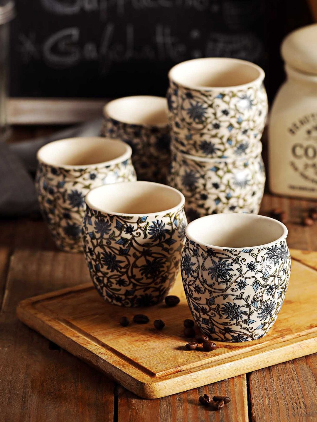 MIAH Decor Blue & White Set Of 6 Printed Ceramic Kullad Mugs Price in India