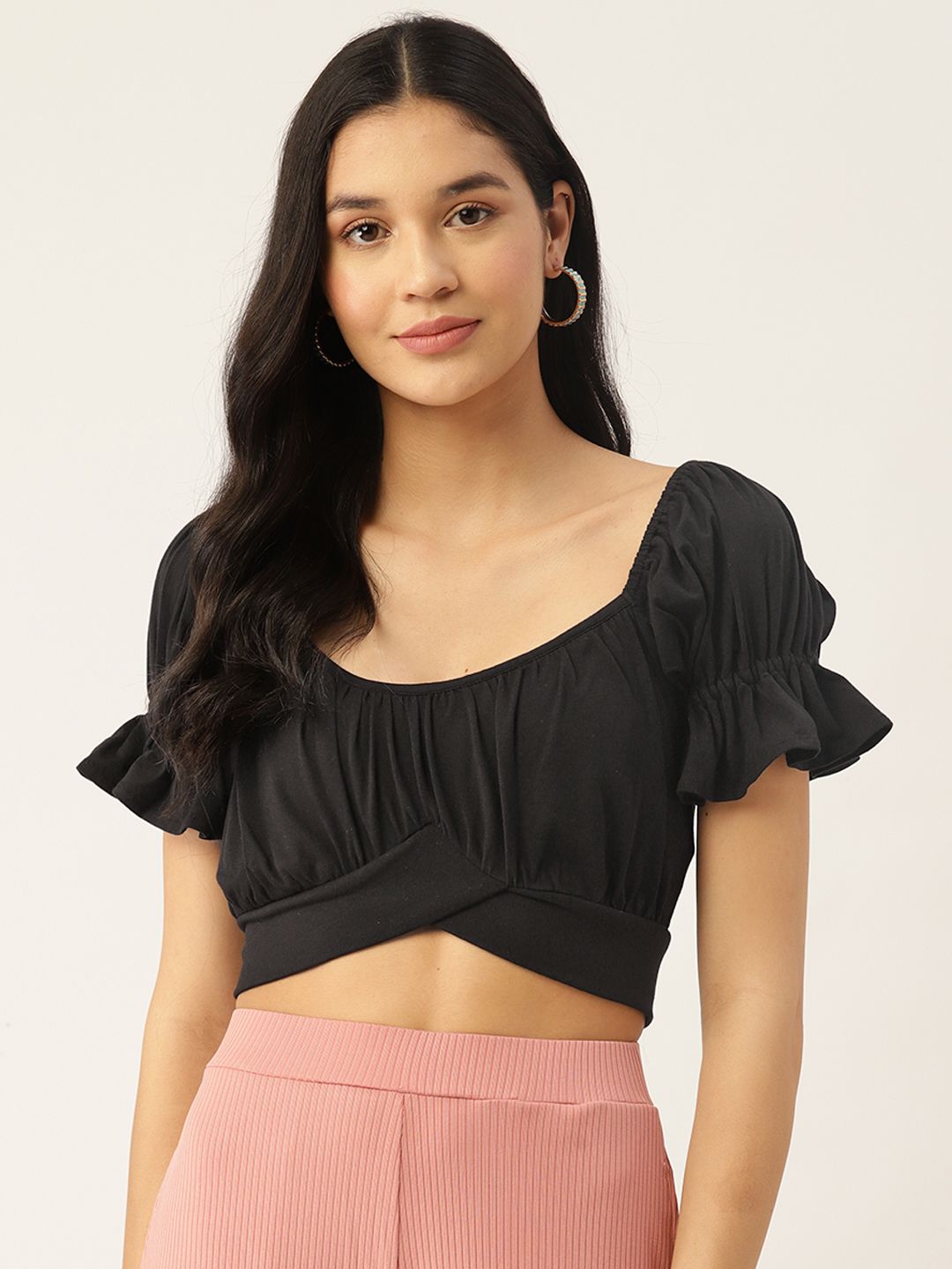 UNMADE Sweetheart Neck Puff Sleeves Ruffled Crop Top Price in India