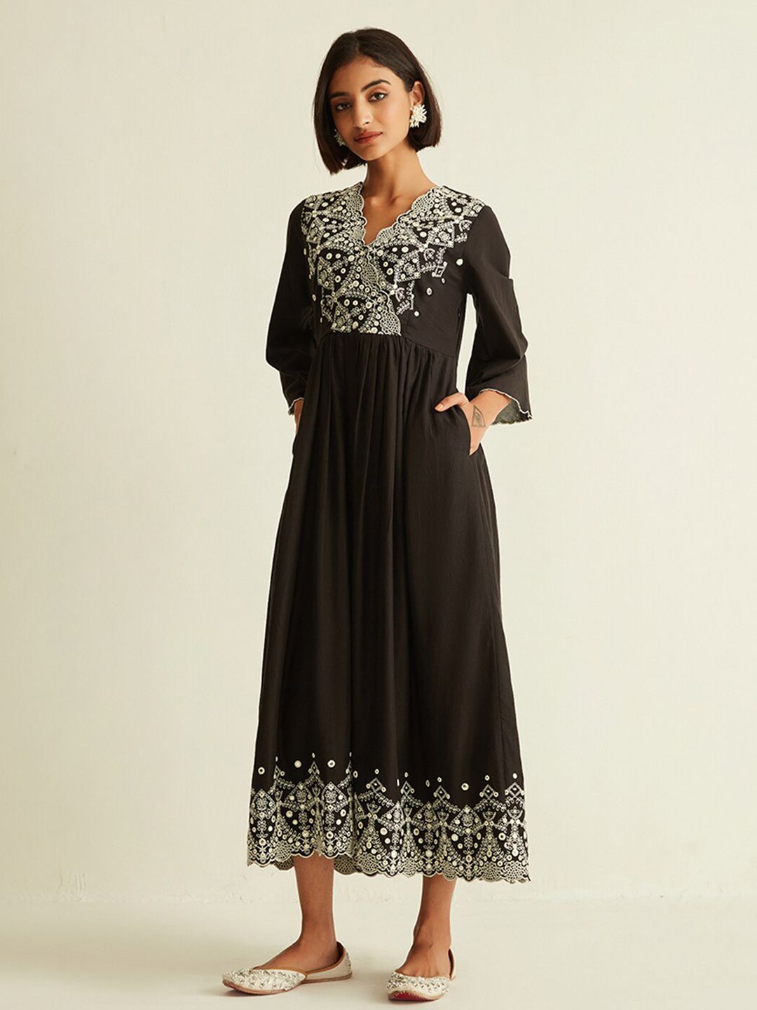 Ancestry Floral Embroidered Mirror Work Ethnic A-Line Maxi Dress Price in India