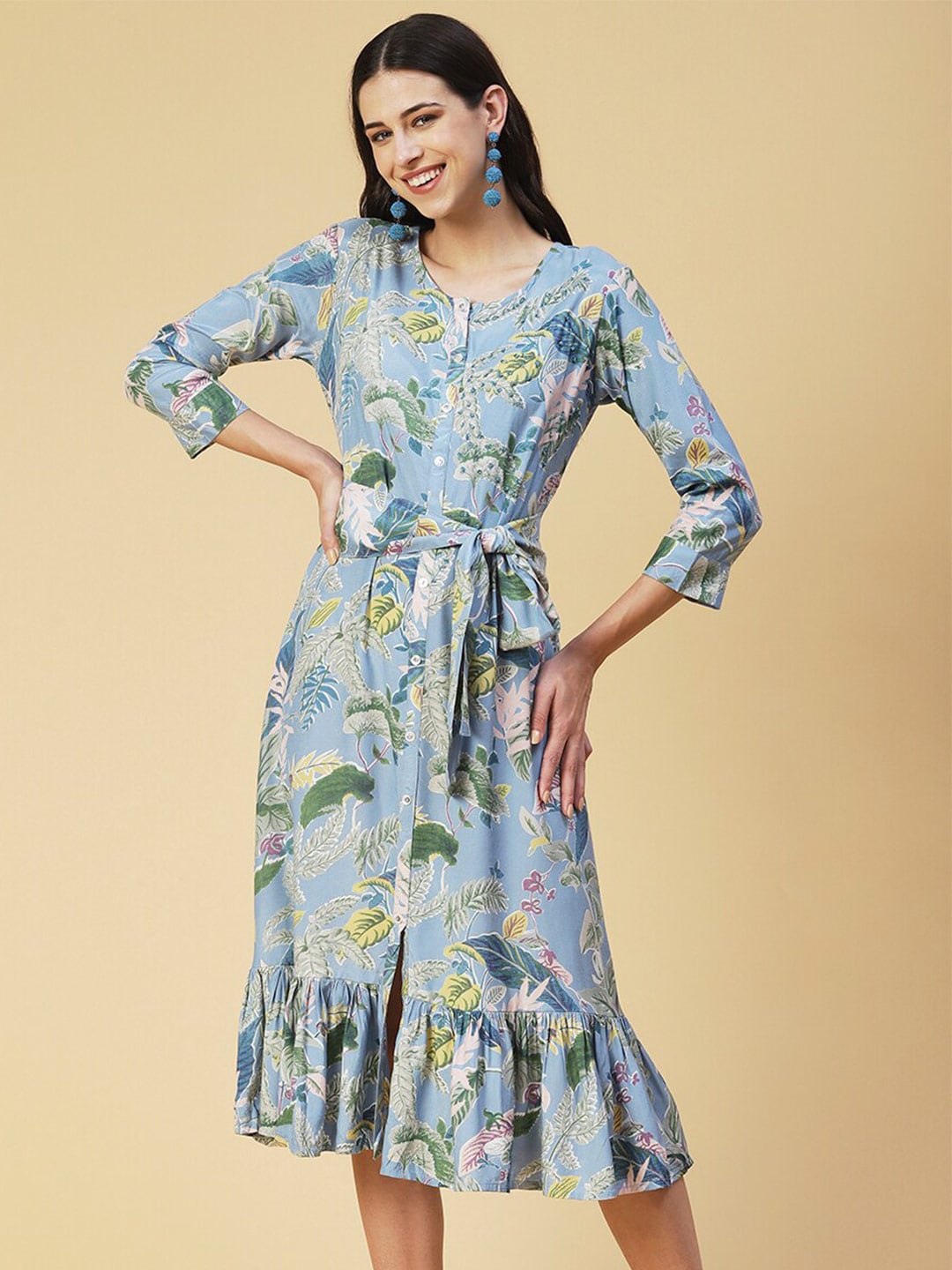 FASHOR Blue Floral A-Line Dress Price in India