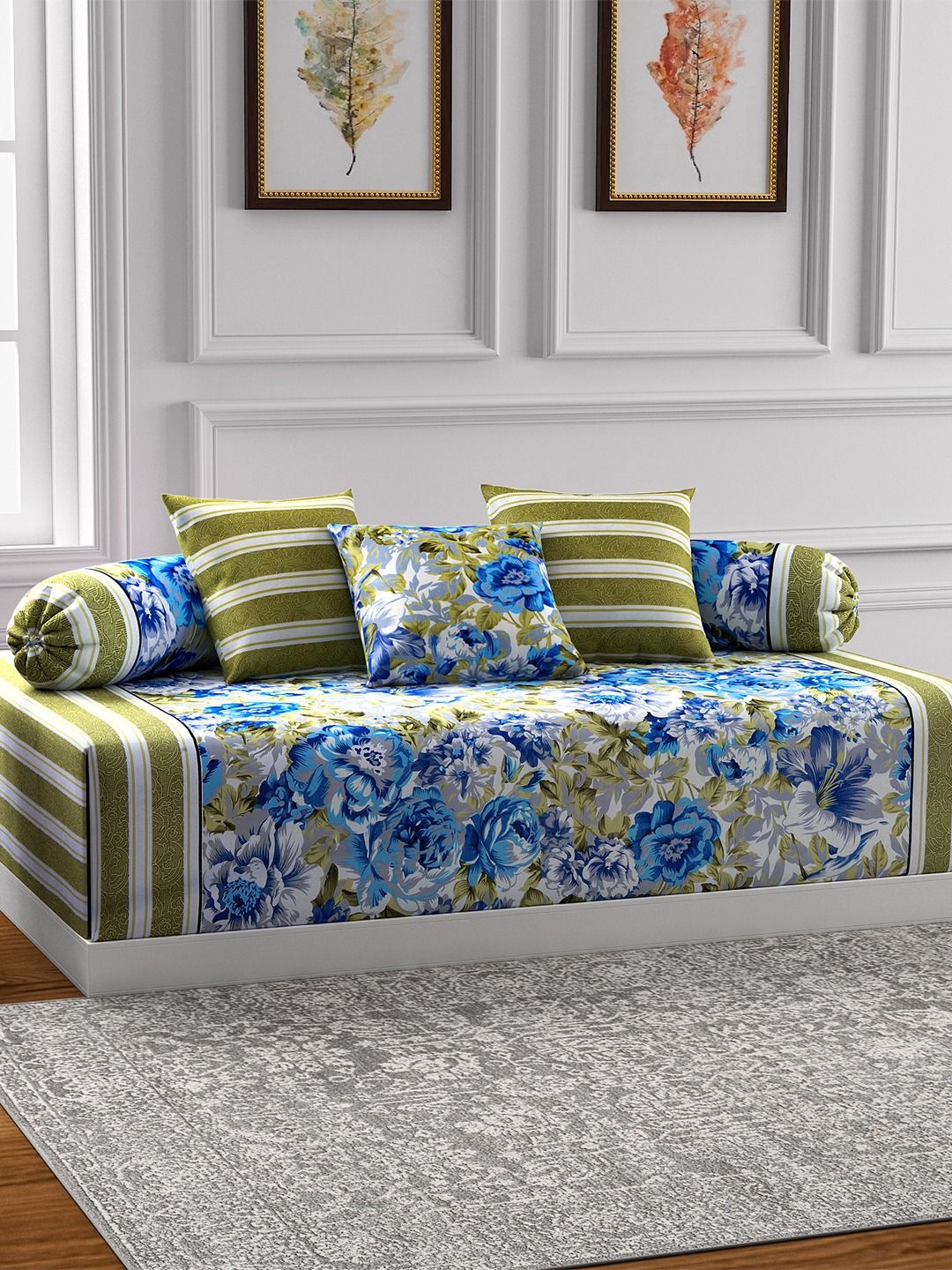 SWAYAM Green & Blue Printed Diwan Set with Bolster & Cushion Covers Price in India