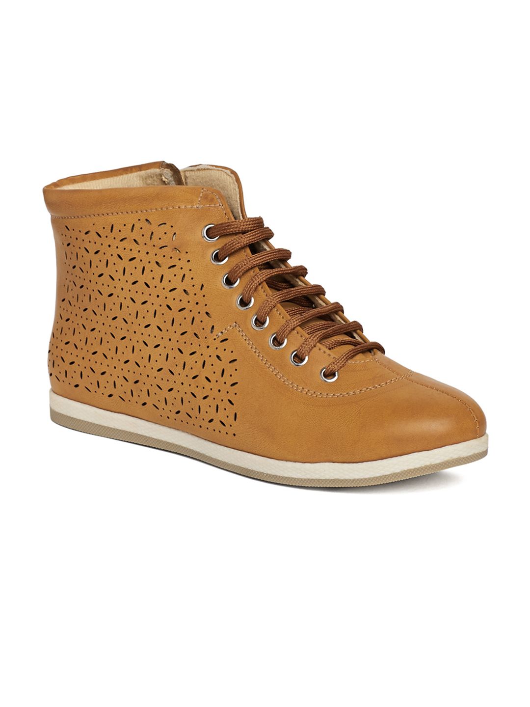 Marc Loire Women Tan Brown Perforations Synthetic Mid-Top Flat Boots Price in India