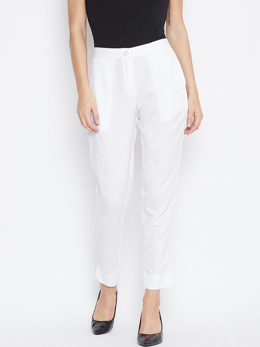 fabGLOBAL Women White Relaxed Slim Fit Easy Wash Trousers Price in India