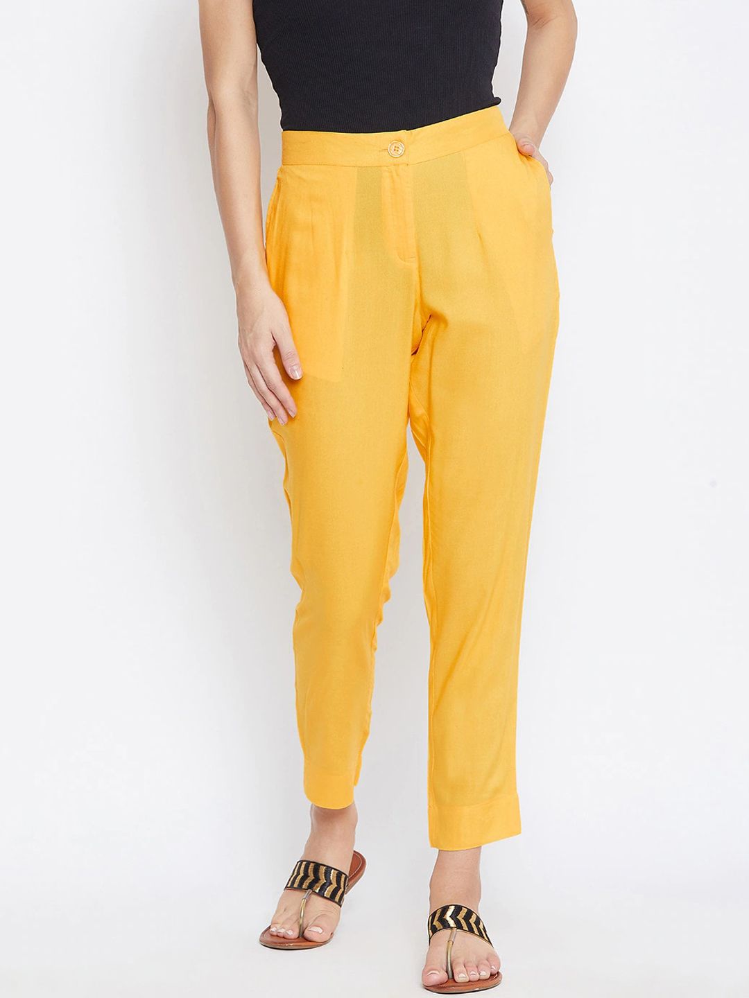 fabGLOBAL Women Yellow Relaxed Slim Fit Easy Wash Trousers Price in India