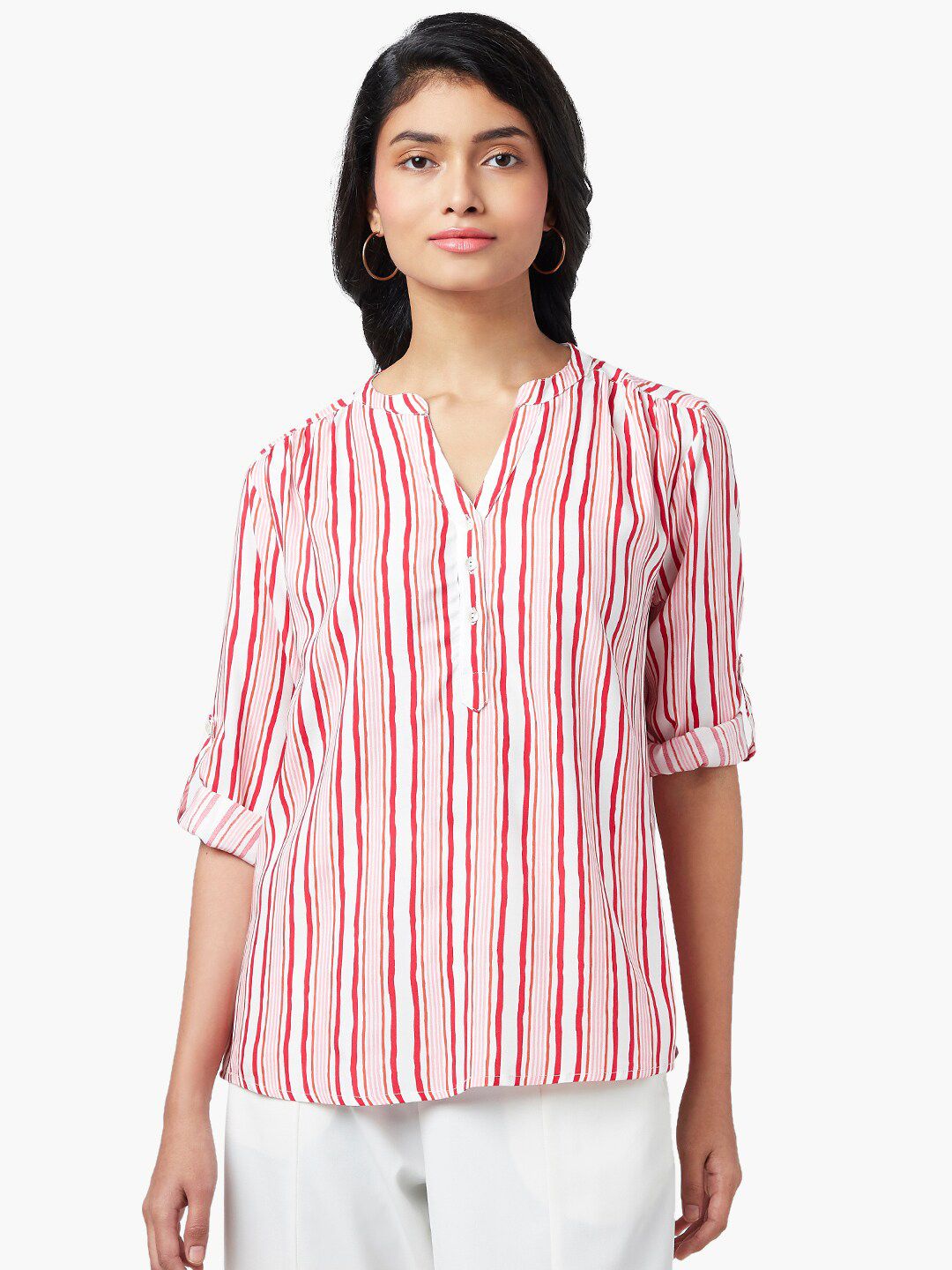 Honey by Pantaloons Striped Mandarin Collar Roll-Up Sleeves Top Price in India