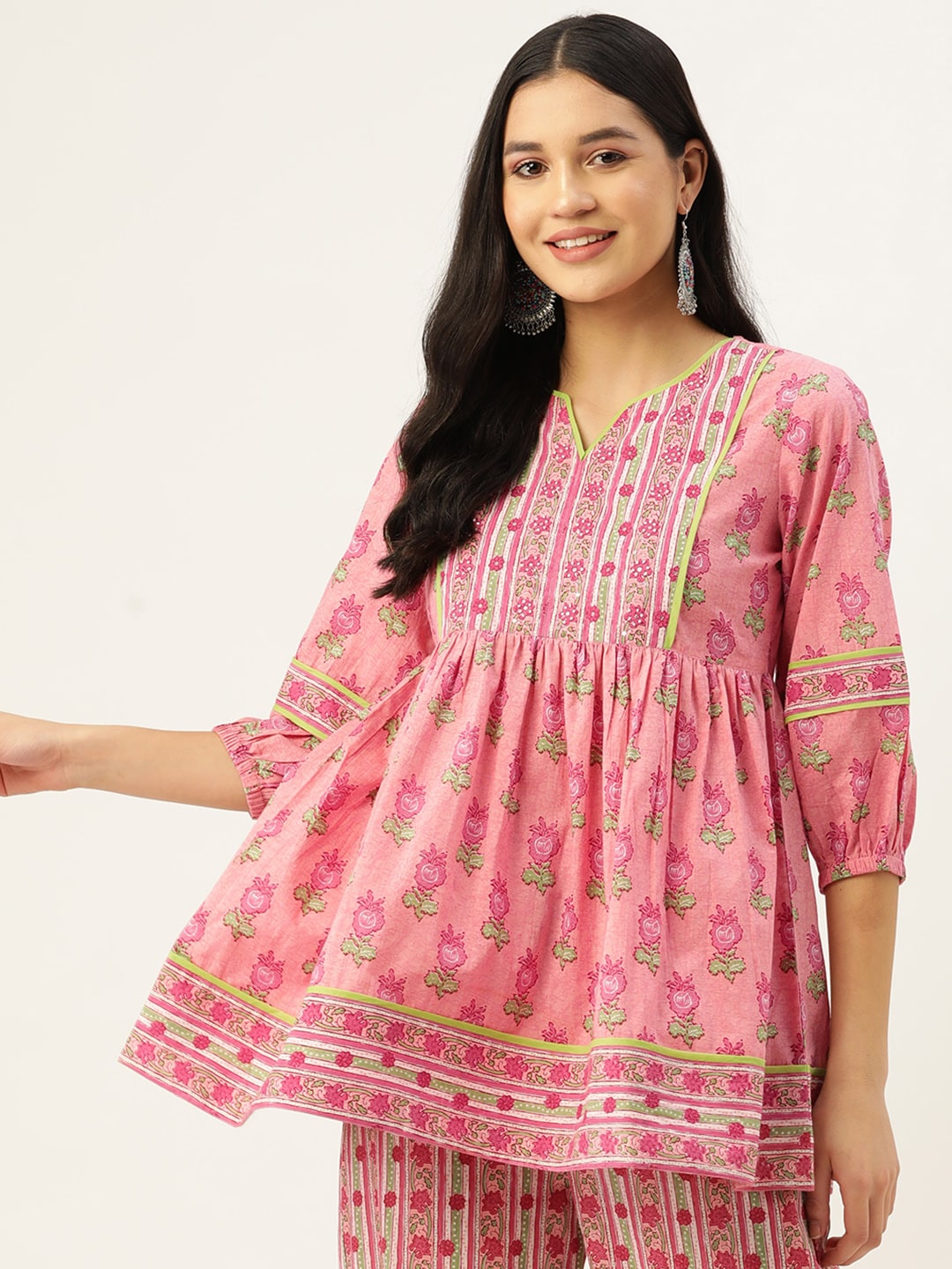 Jaipur Morni Pink Floral Print Cotton Empire Top Price in India