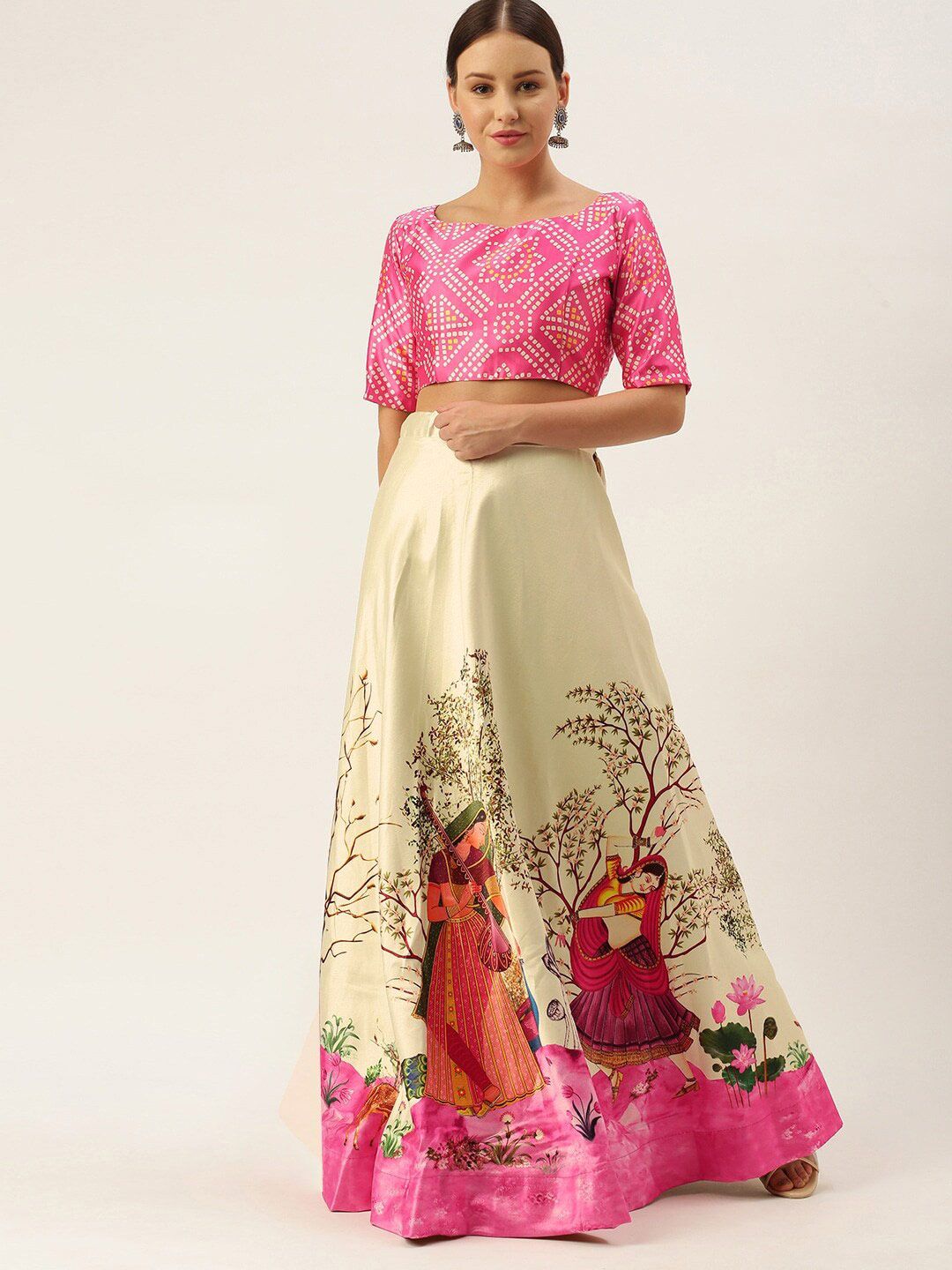 Kaizen TEXO FAB Pink & White Printed Semi-Stitched Lehenga & Unstitched Price in India
