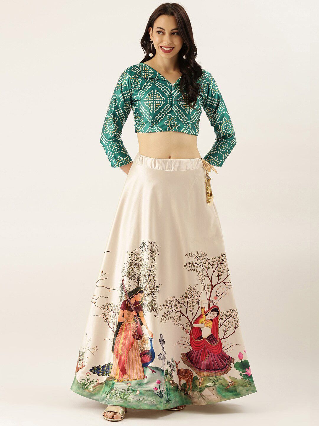 Kaizen TEXO FAB Green & Cream-Coloured Printed Semi-Stitched Lehenga & Unstitched Price in India