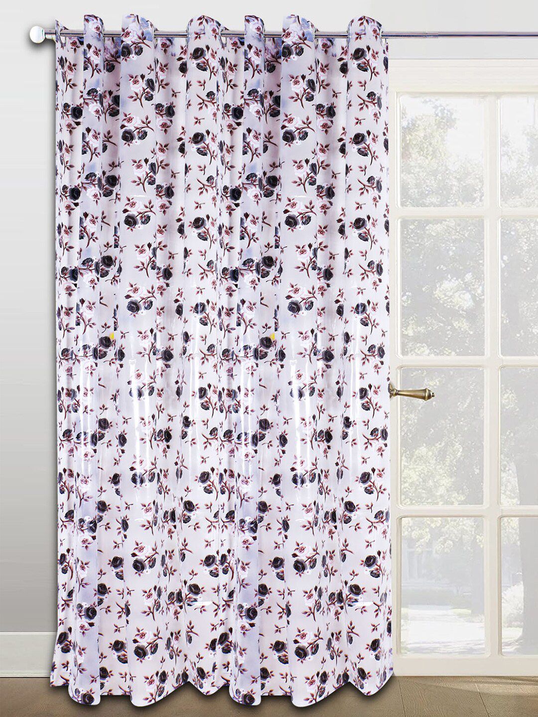 Kuber Industries Brown & White PVC Floral Printed Shower Curtain With 8 Hooks