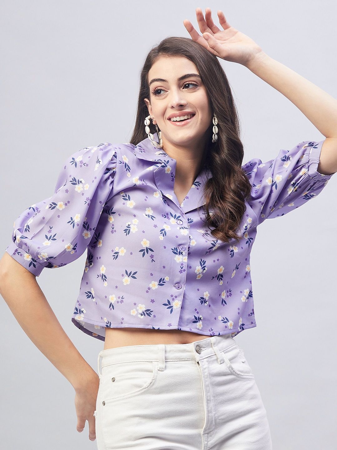 Marie Claire Floral Print Shirt Style Crop Top Price in India