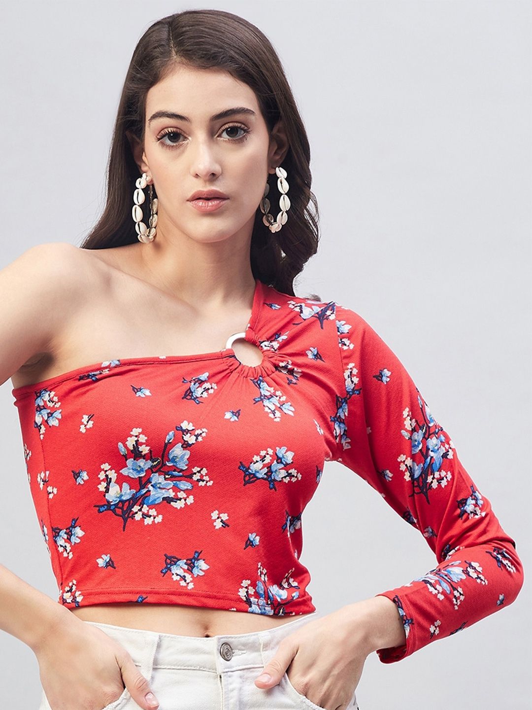Marie Claire Floral Print One Shoulder Crop Top Price in India