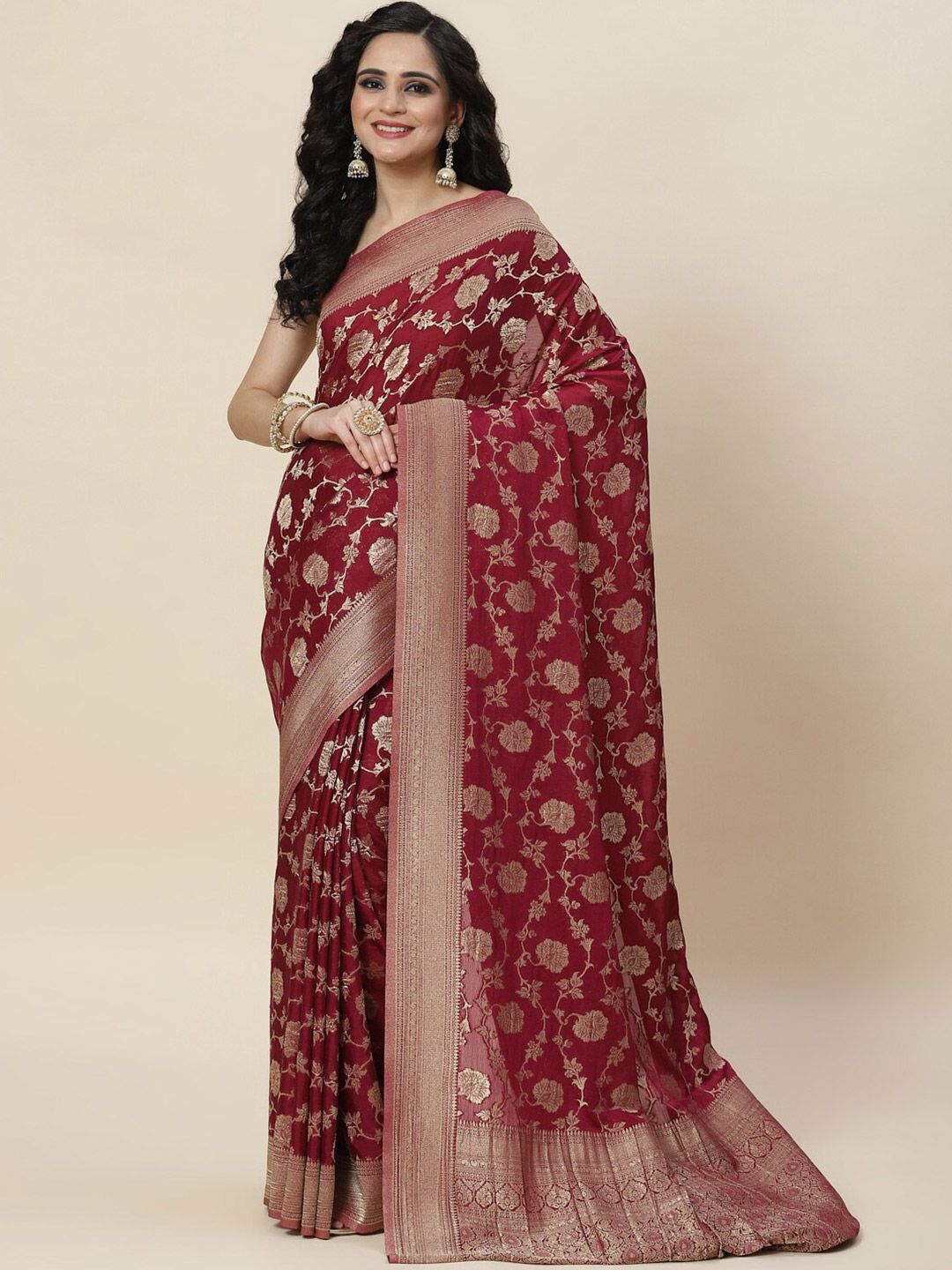 Meena Bazaar Gold-Toned Floral Zari Saree Price in India