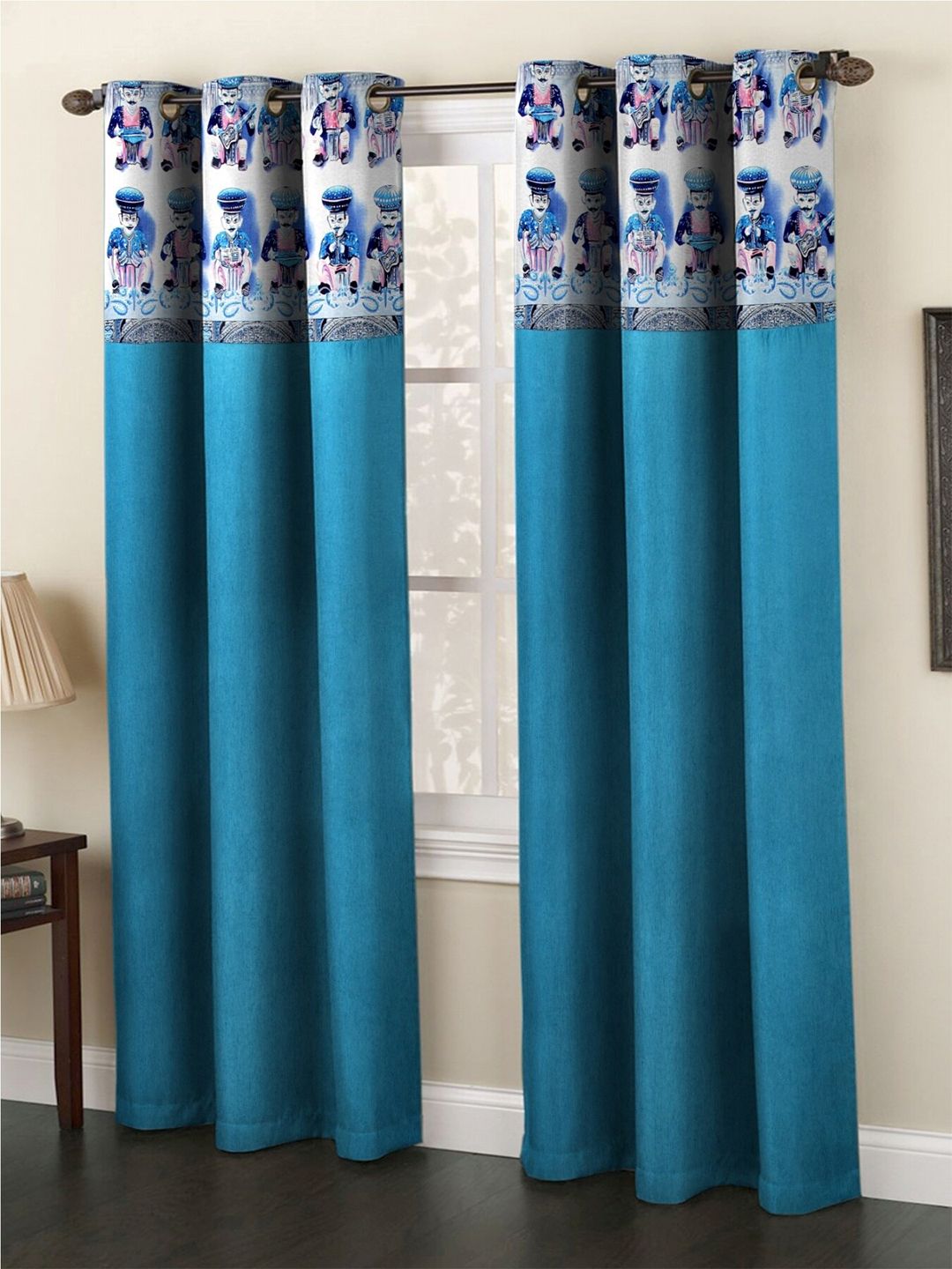 Homefab India Tabla Turquoise Blue & White Set of 2 Ethnic Motifs Long Door Curtains