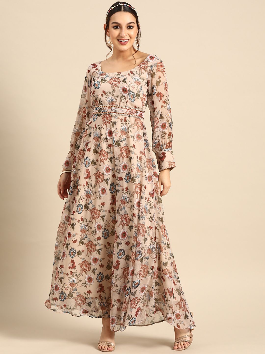 Sangria Floral Chiffon Maxi Dress with Belt Price in India