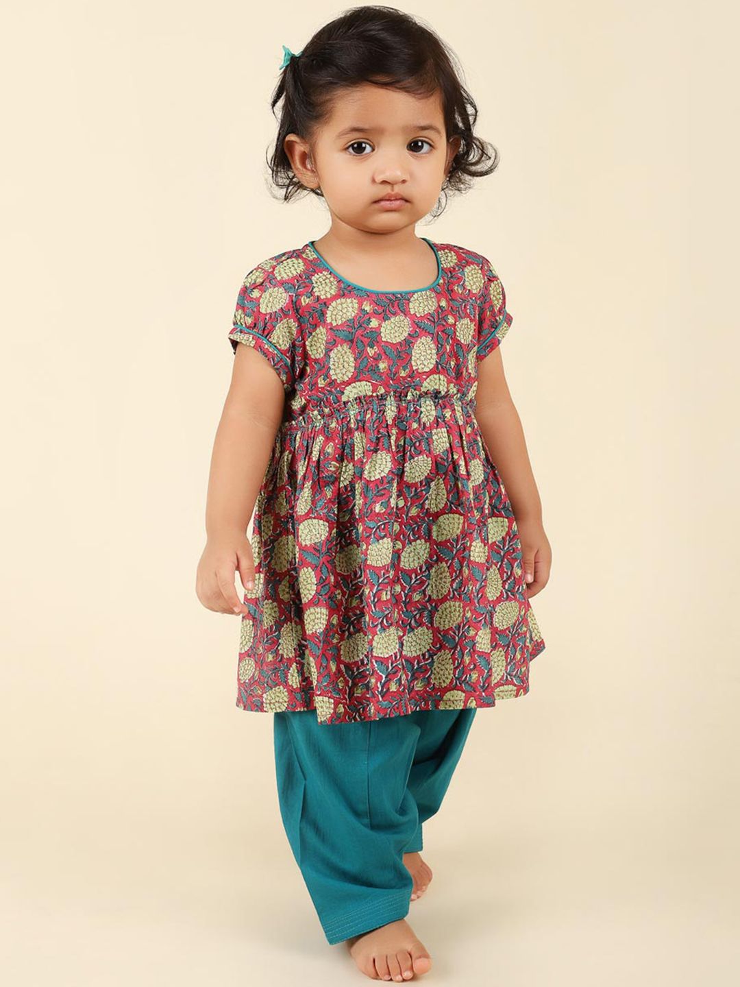 Fabindia Girls Floral Printed Pure Cotton Kurta with Salwar