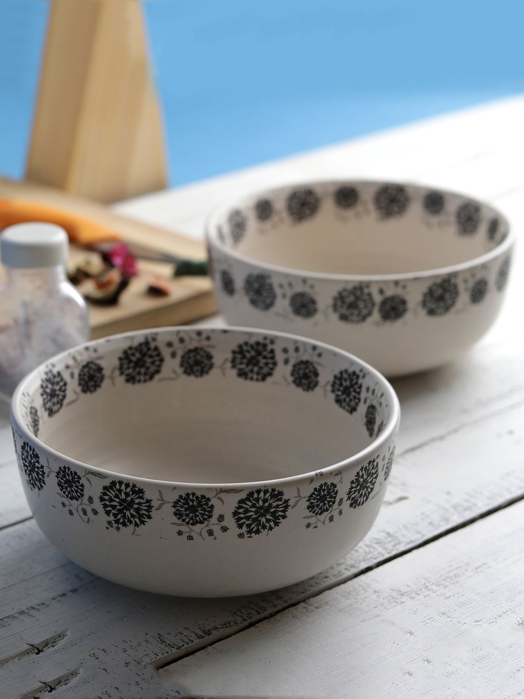 MIAH DECOR Off-White & Black Handcrafted Matte Ceramic Set of 2 Bowls Price in India