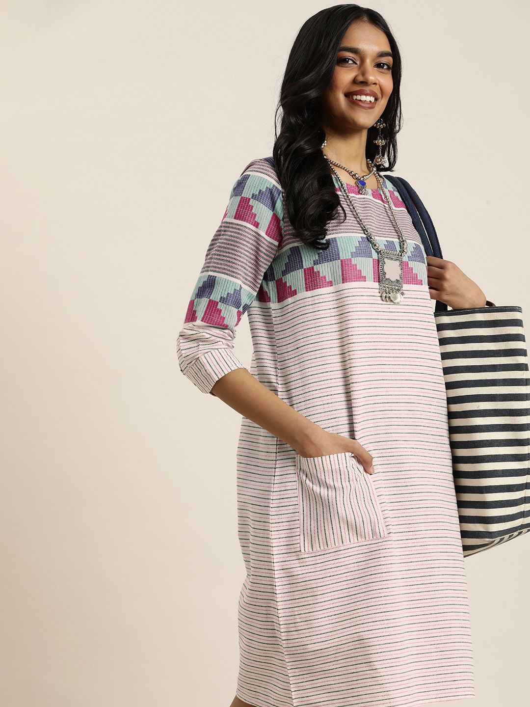 Taavi Woven Legacy Pure Cotton Striped A-Line Dress Price in India