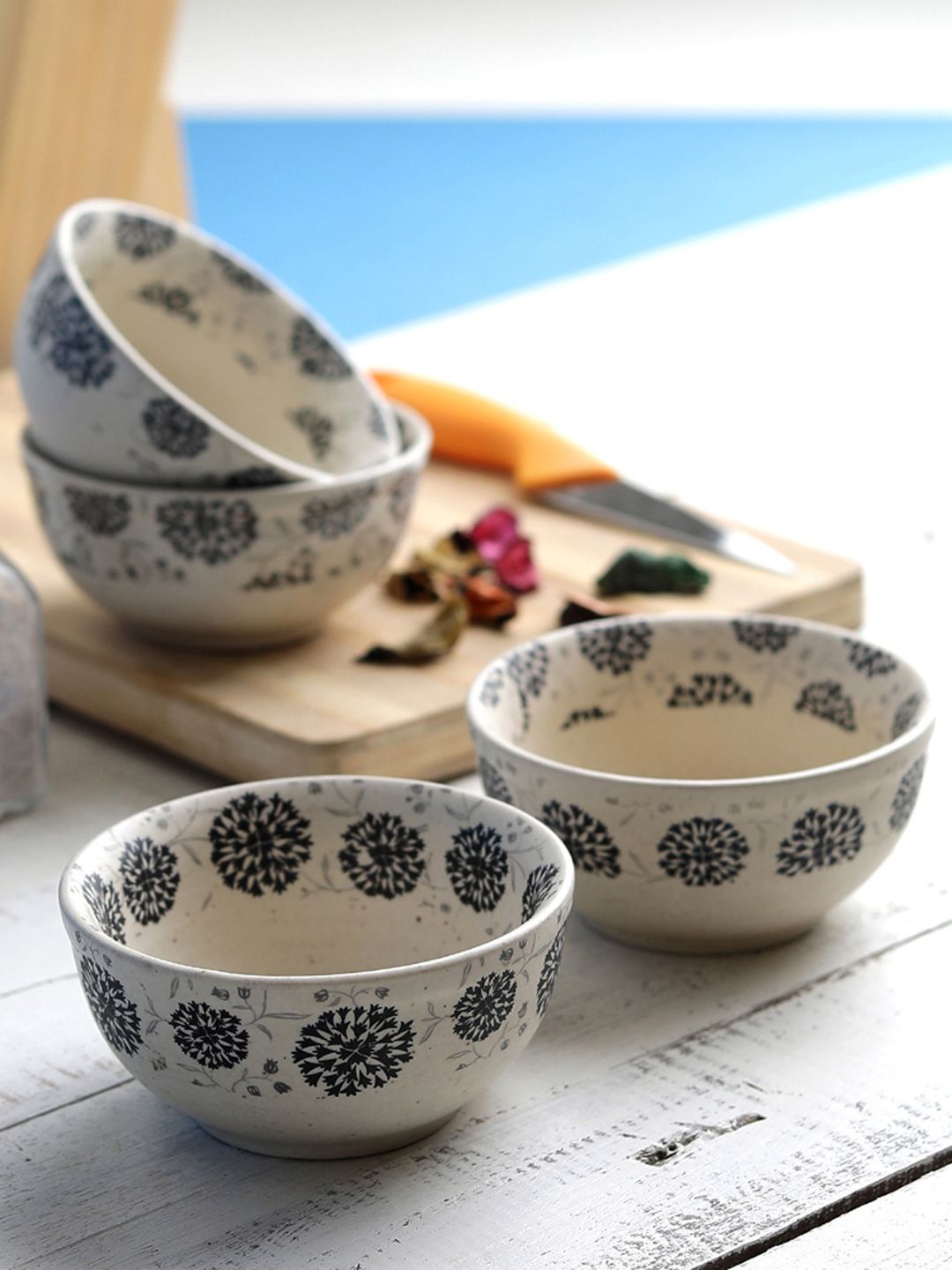 MIAH Decor Off-White & Black Set of 4 Printed Ceramic Serving Bowl Price in India