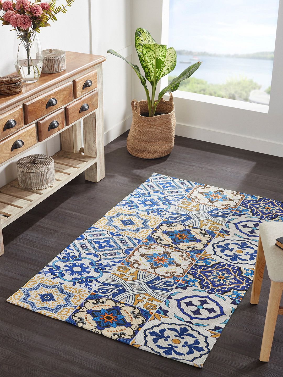 Mona B Mona B Blue Printed Cotton Anti-Skid Vintage Dhurrie Carpet Rug
