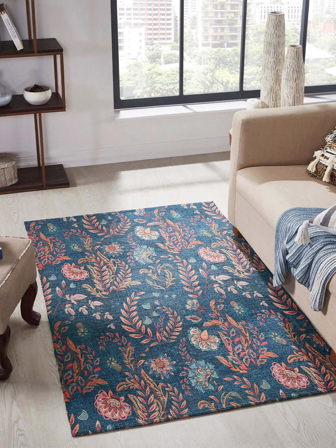 Mona B Mona B Navy Blue Vintage Printed Anti-Skid Cotton Dhurrie Carpet Rug