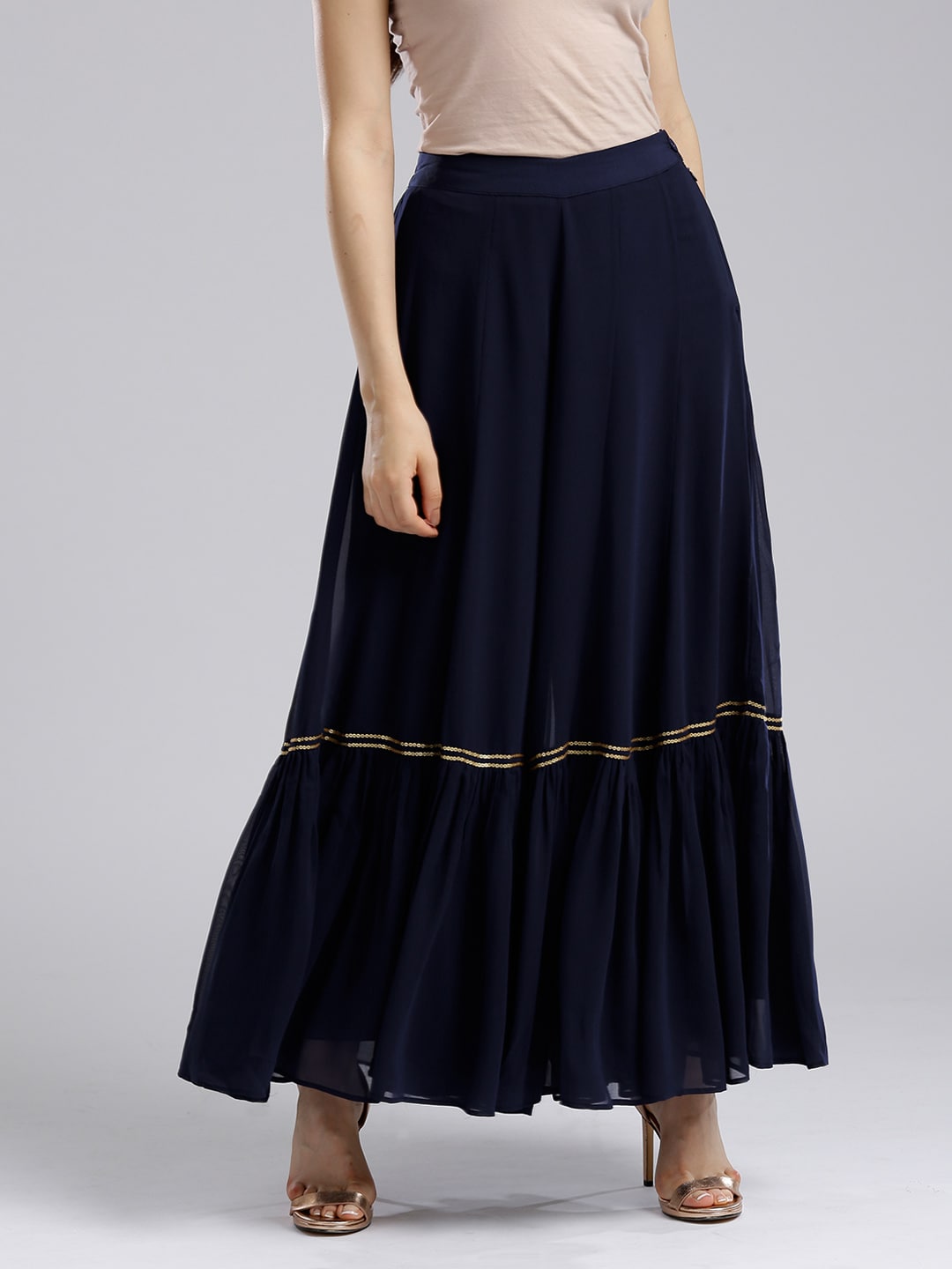 WISHFUL by W Women Navy Blue Solid Flared Sharara Price in India