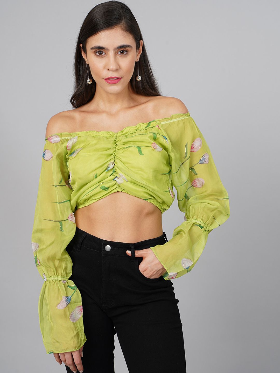 Cation Print Off-Shoulder Bardot Crop Top Price in India