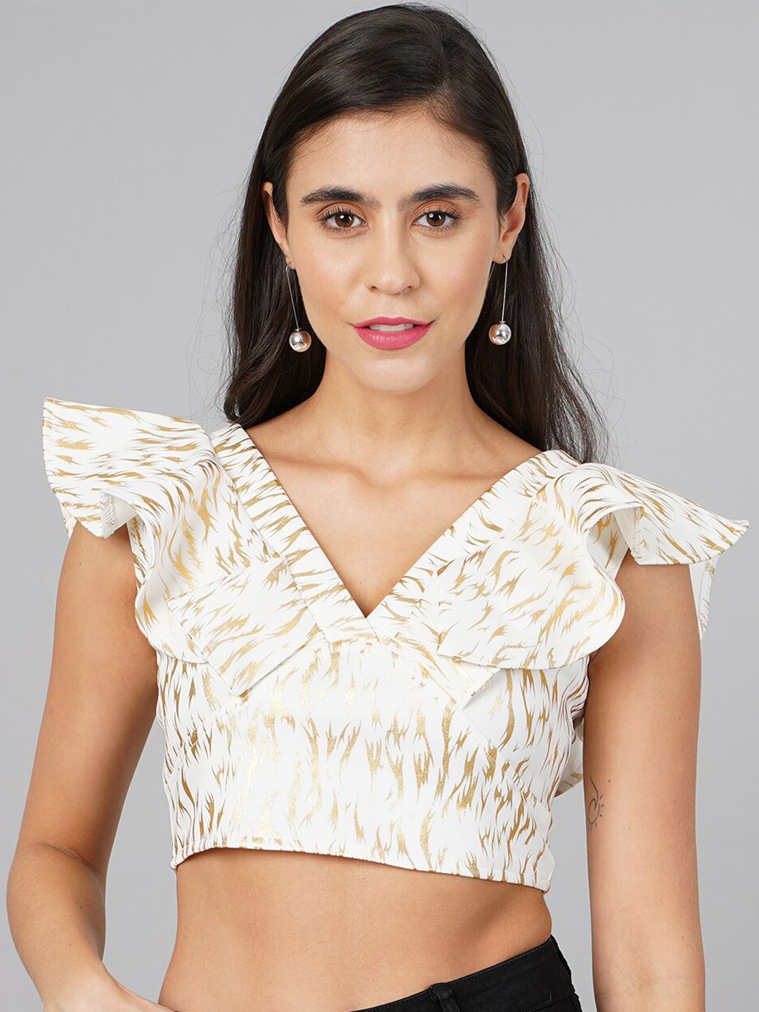 Cation V-Neck Printed Scuba Crop Top Price in India