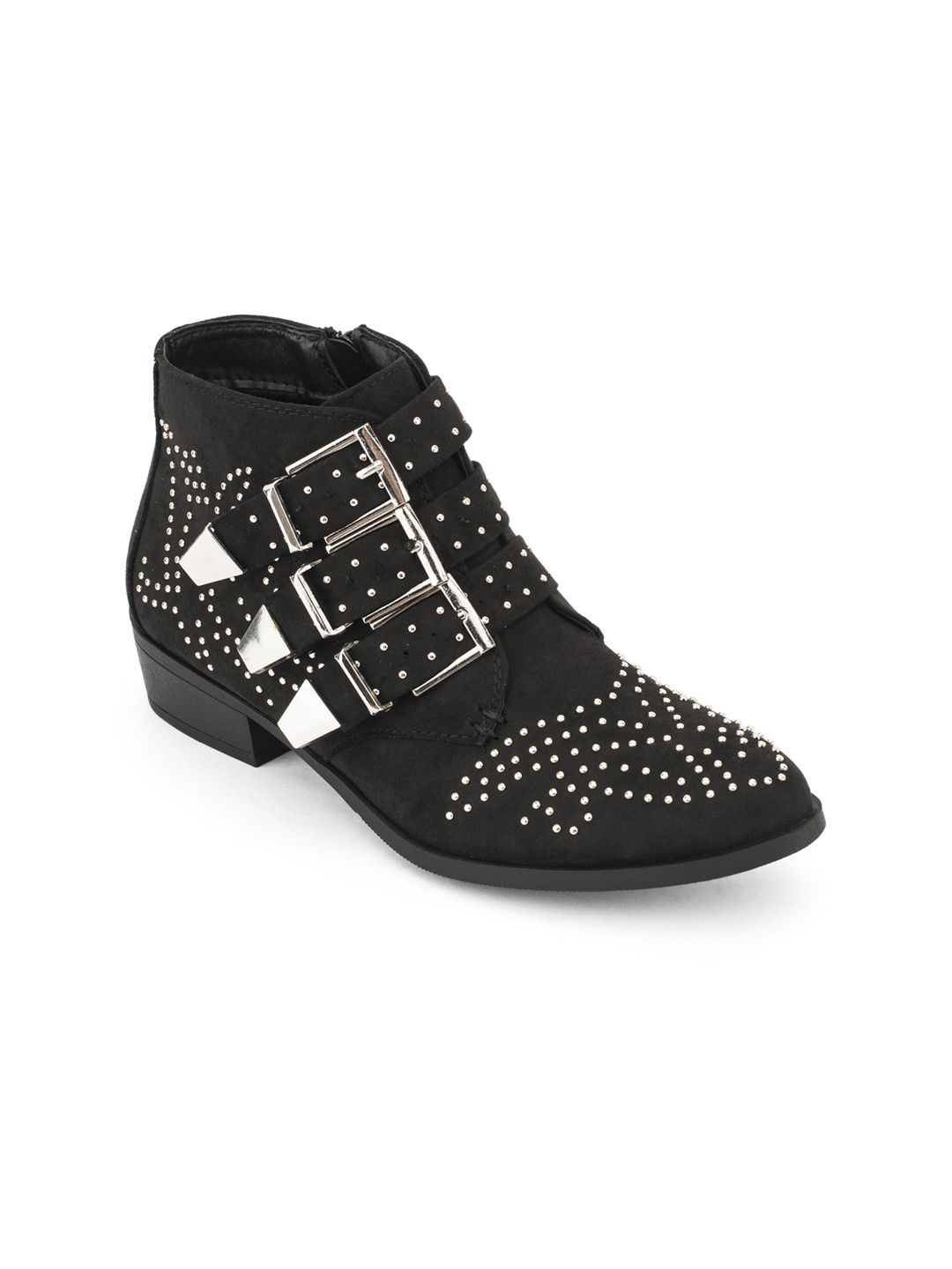 Truffle Collection Women Black Embellished Synthetic Mid-Top Flat Boots Price in India