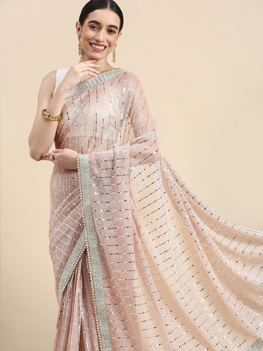 MOHEY Striped Embellished Gotta Patti Saree Price in India