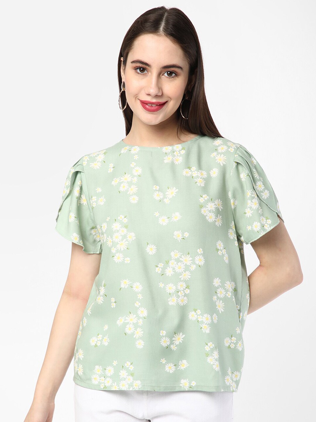 R&B Peach-Coloured Floral Print Extended Sleeves Styled Back Top Price in India