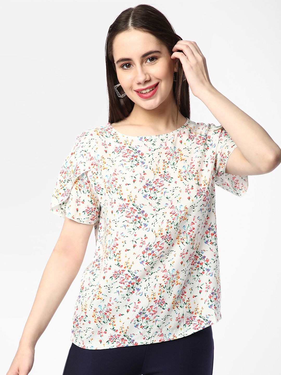 R&B White Floral Print Top Price in India
