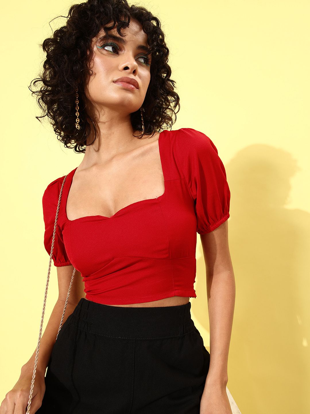 Mast & Harbour Bitter Red Sweetheart Neck Smocked 90's Hollaback Casually Corset Crop Top Price in India