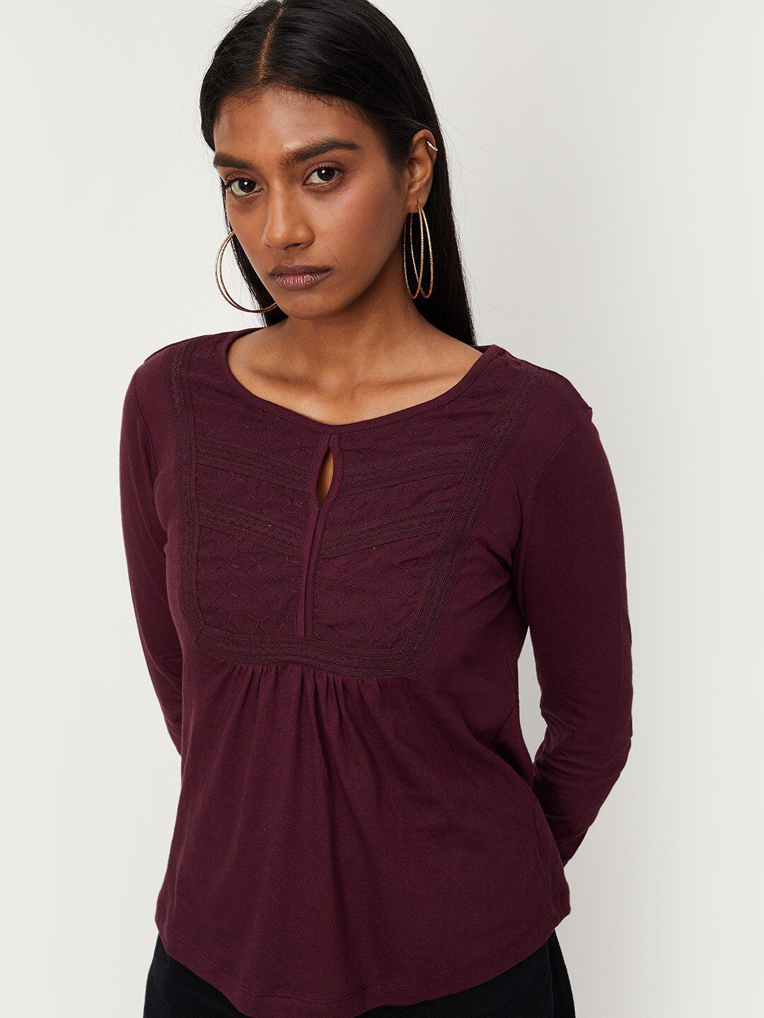 max Maroon Keyhole Neck Top Price in India