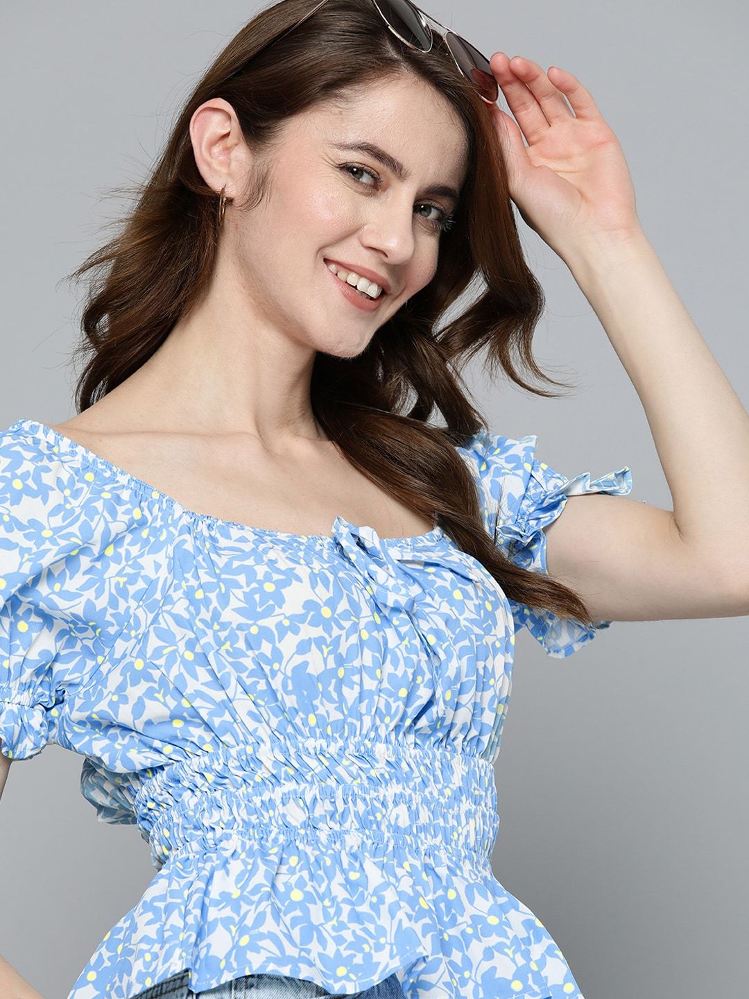 Mast & Harbour Floral Print Smocked Peplum Top